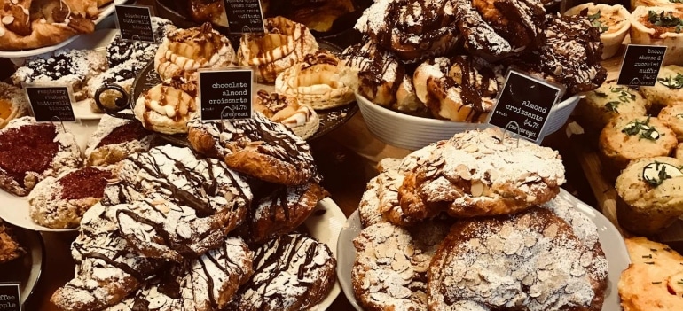 Different kinds of tasty food from a bakery