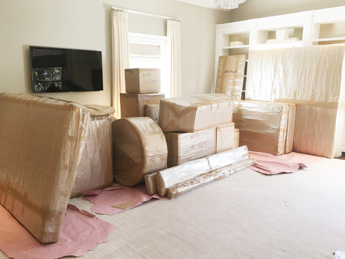 stacked boxes in the living room